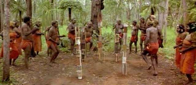 Tiwi Islands, Australia. 90km north of Darwin. Dancing at a funeral, or pukamani ceremony.