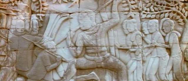 This is a wall scene showing the defeat of the invading Chams of Vietnam in the Bayon temple complex..not Angkor Wat!