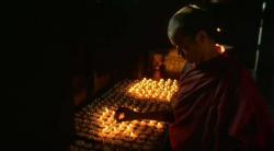 Butterlamp offerings.  108 butterlamps made of yak butter are lit as an offering to Tara or Medicine Buddha.  Prayer: OM TARE, TU TARE, TURE SOHA. Tibetan ritual.